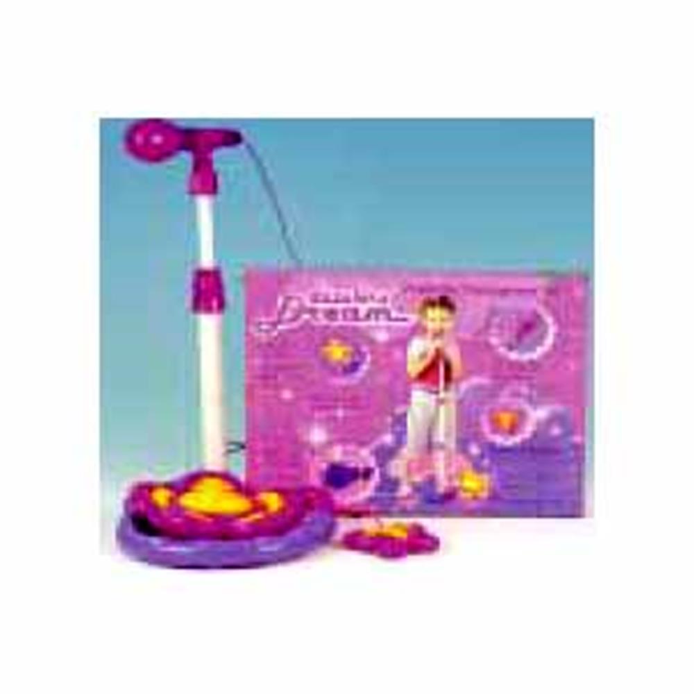 Pink and purple children's toy with a handle, round base, and character-themed packaging behind it.