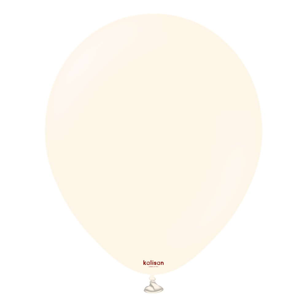 Pale salmon round latex balloon inflated with knot at base and small red Kalisan logo near bottom.