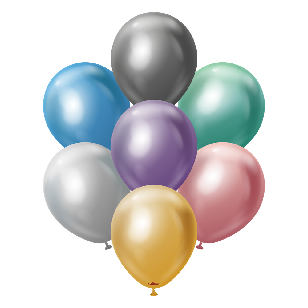 Set of 18-inch assorted metallic balloons in silver, blue, green, purple, pink, and gold colors.