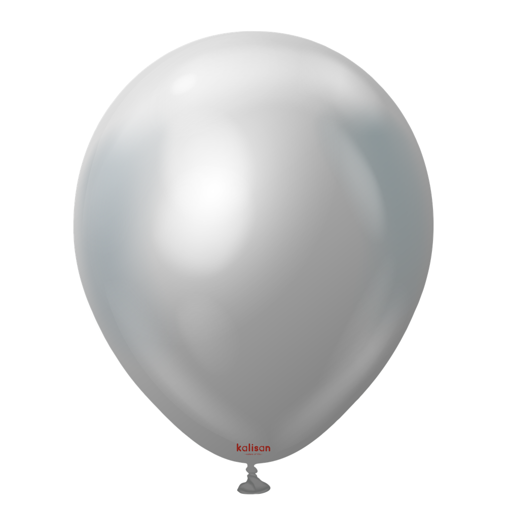 Silver metallic helium balloon with a smooth, shiny surface and teardrop shape.