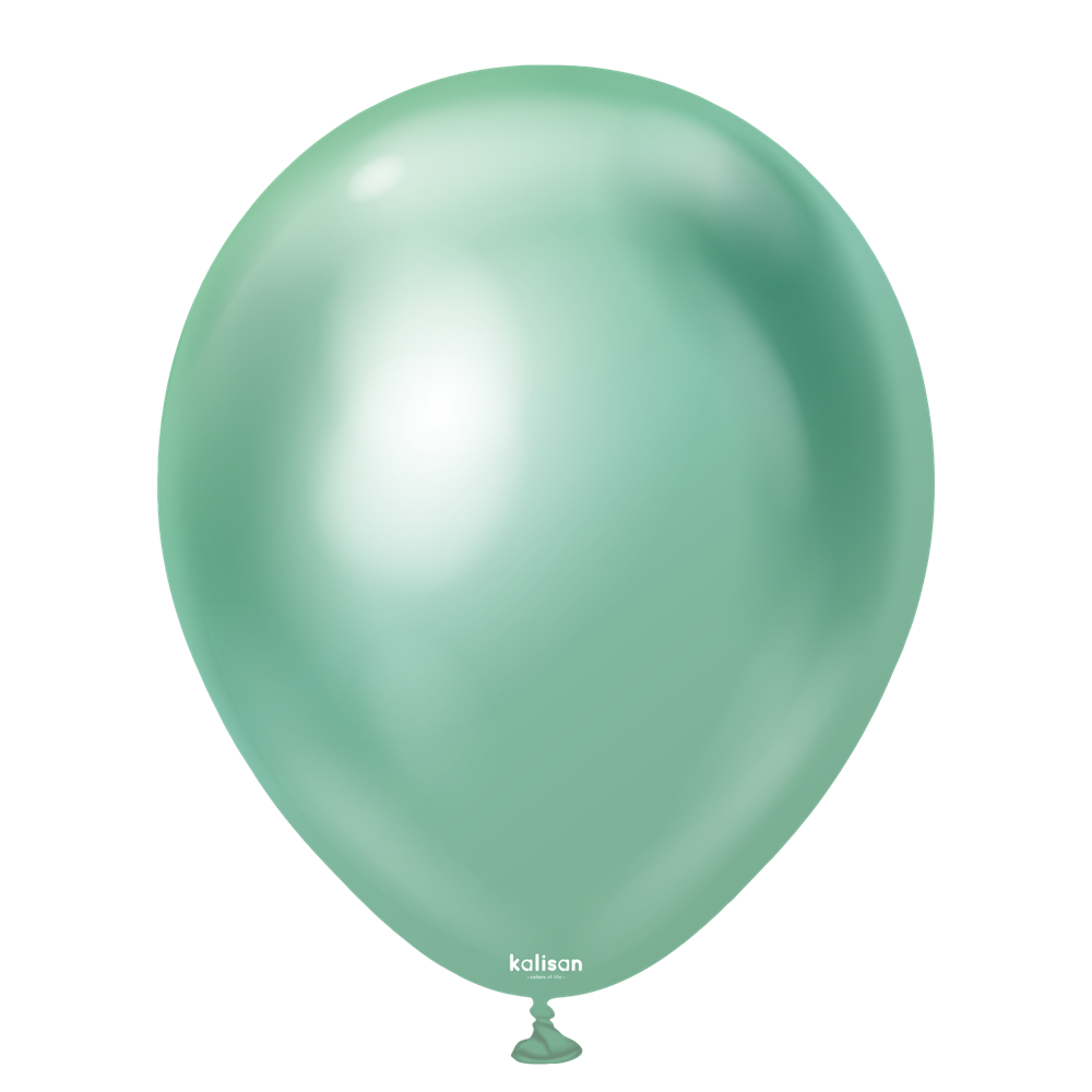 Shiny 18-inch green latex balloon with reflective mirror-like surface.