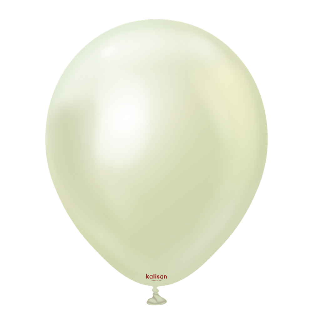 18-inch round pale green latex balloon with a smooth, glossy finish and small red logo near the bottom.