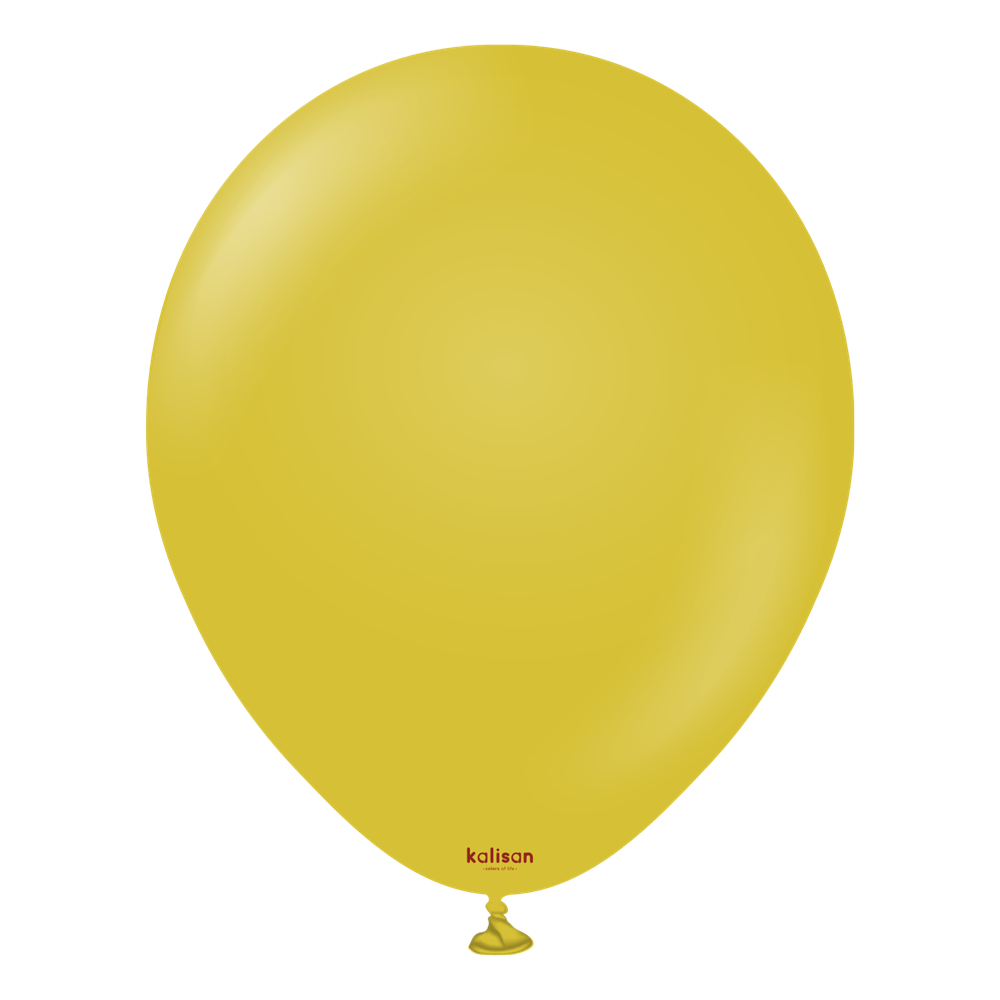 Mustard yellow 18-inch latex balloon with a smooth finish and knotted end.
