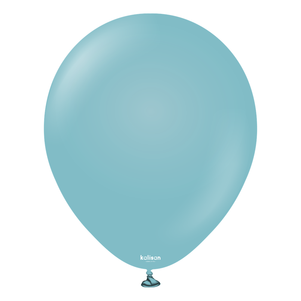 Light blue round latex balloon with a tied knot at the bottom, smooth surface, 18 inches.