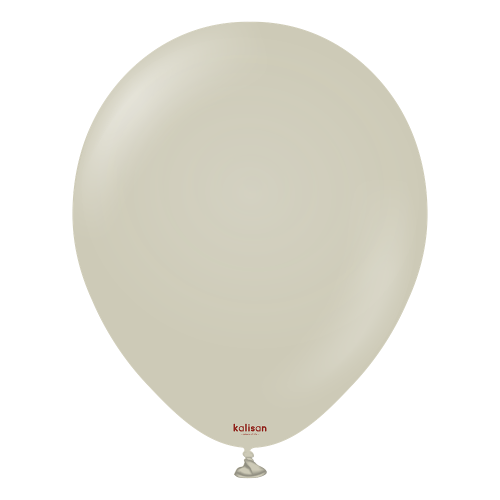 18-inch round beige latex balloon with small red Kalisan logo near the bottom knot.