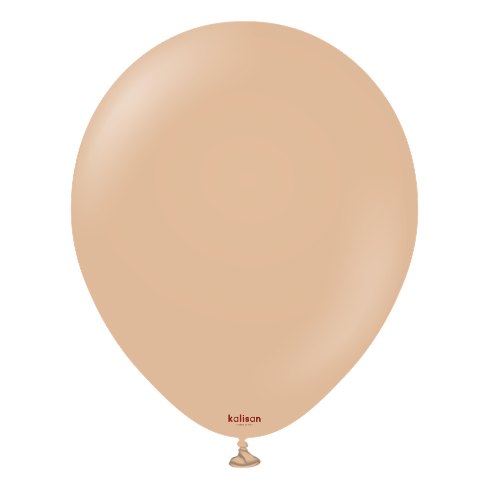 18-inch round latex balloon in a soft desert sand beige color, smooth finish, uninflated with small red brand text near knot.