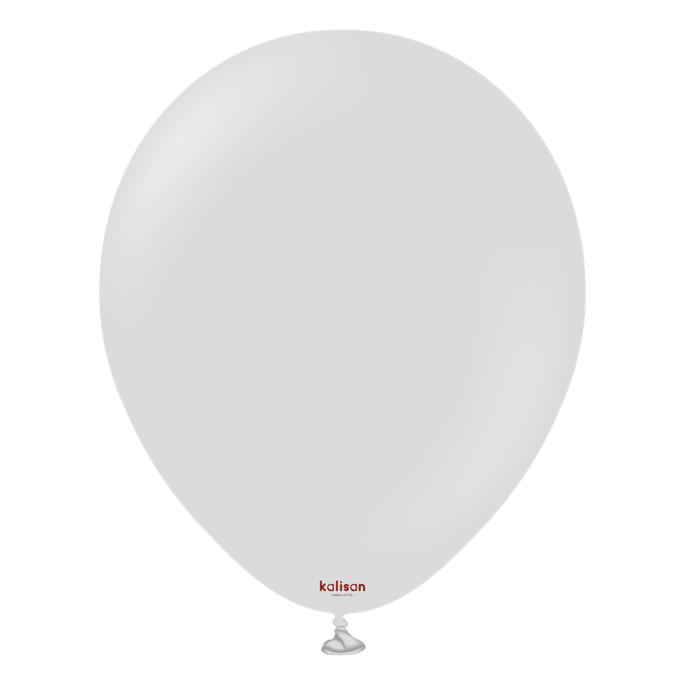 18-inch round translucent gray balloon with small red "kalisan" logo near the tied end.