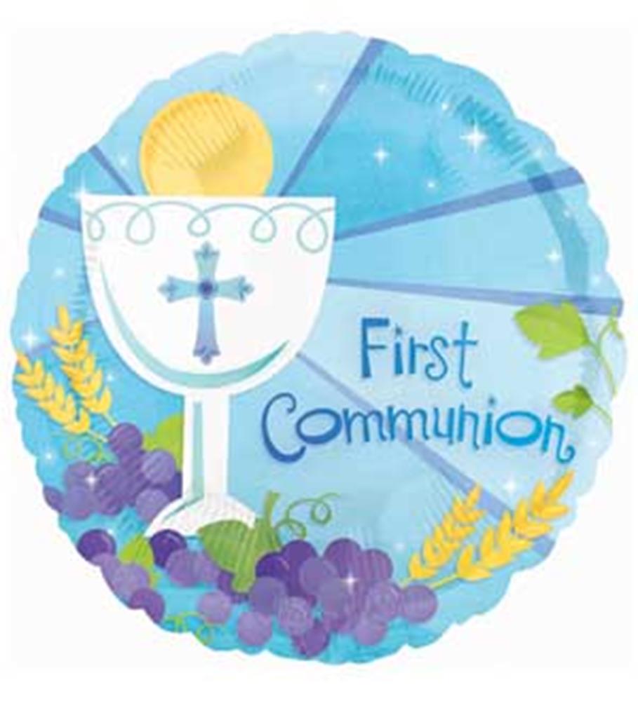 Round blue mylar balloon with chalice, wheat, grapes, and "First Communion" text in purple and white.