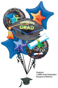 Graduation bouquet with blue star foil balloons, round "Congrats Grad" foil balloons, black graduation cap balloon, and a.