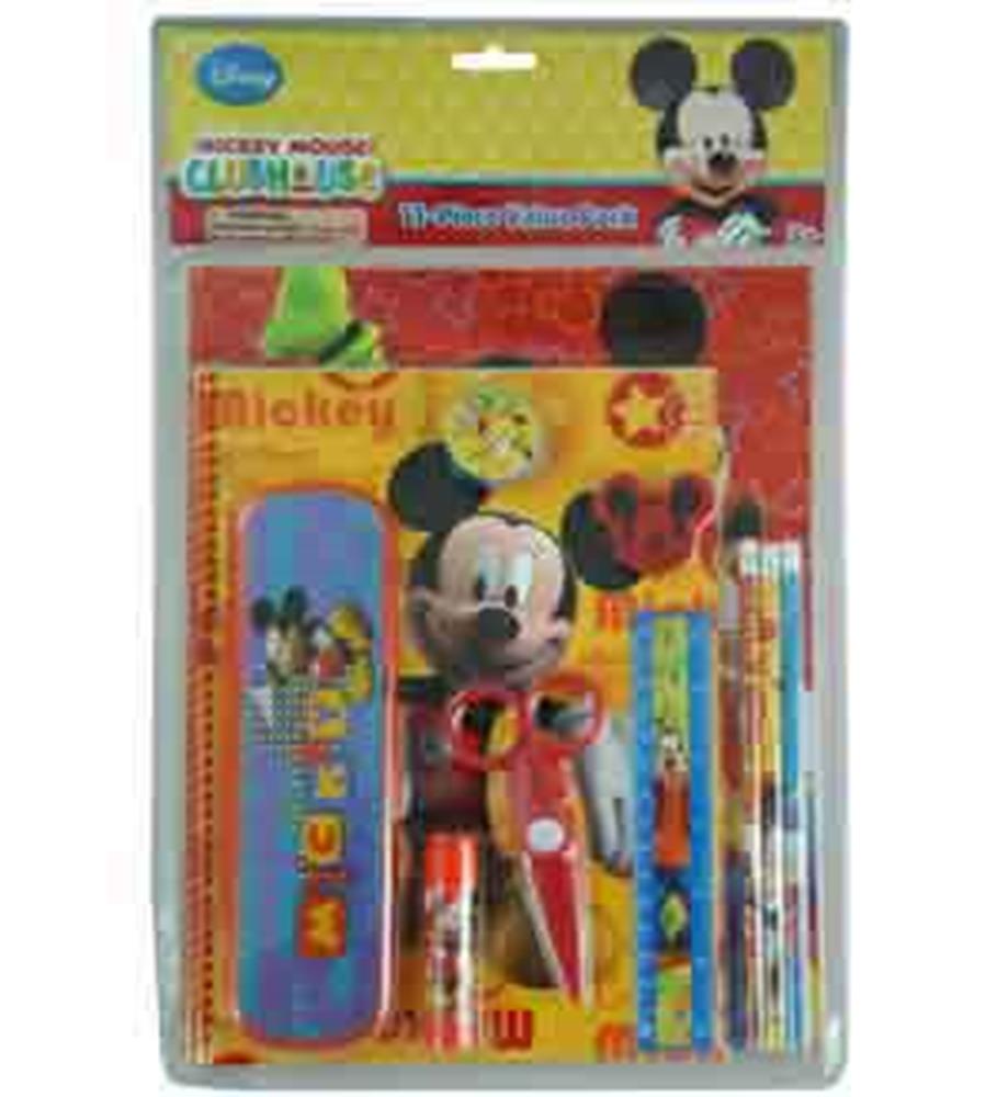 11-piece Mickey Mouse plastic pencil set with ruler, sharpener, eraser, stickers, and colorful pencils.