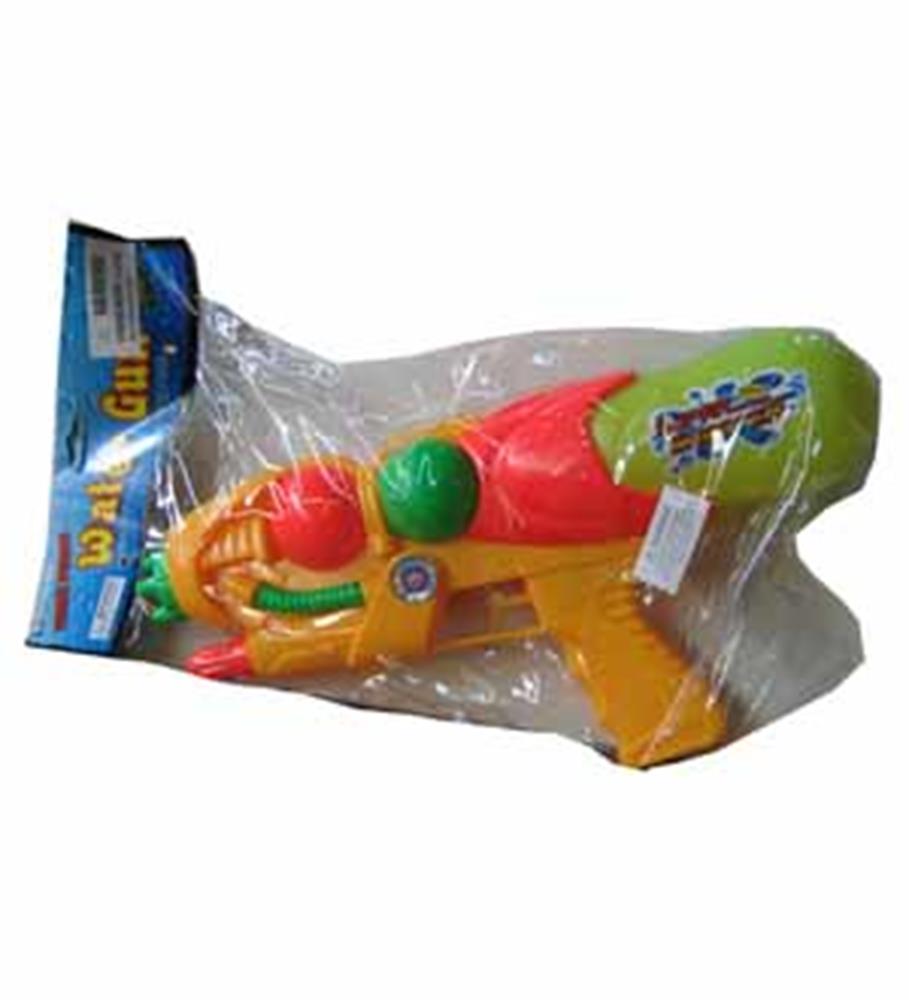 Yellow and red plastic toy gun with green and red bulbs inside, sealed in clear plastic packaging.