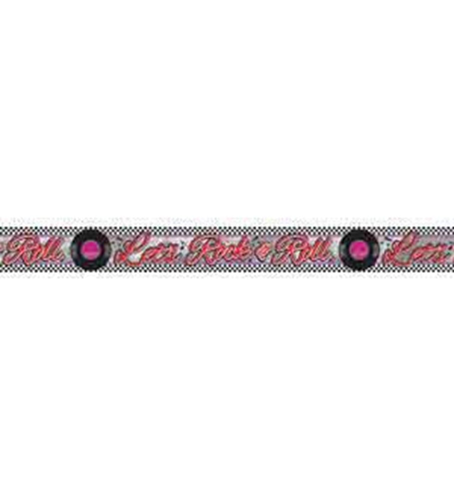 Silver foil banner with red "Love Rock & Roll" text and black vinyl record graphics, 25ft long.