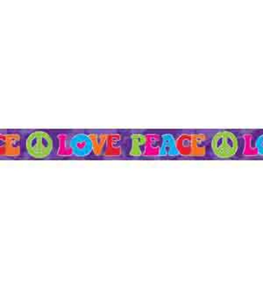 Colorful foil banner with repeating "LOVE" and peace signs in bright, groovy fonts on a purple background.
