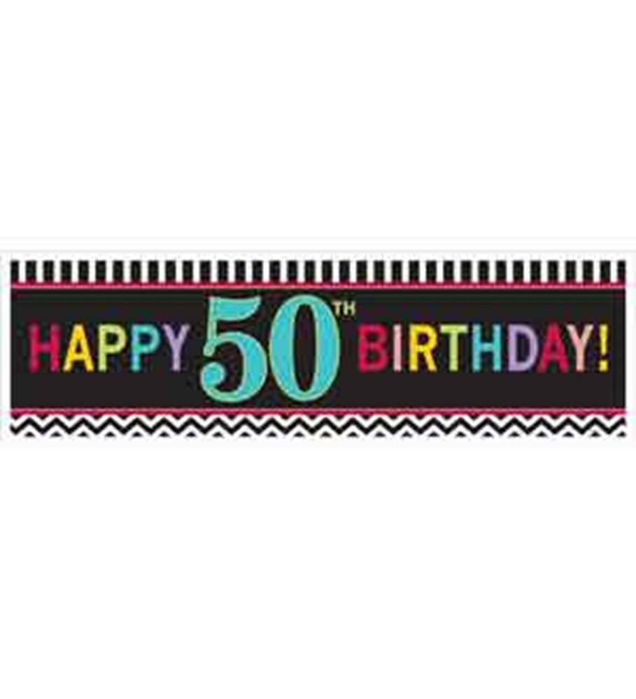 Black birthday banner with colorful "Happy 50th Birthday!" text and striped, zigzag borders.