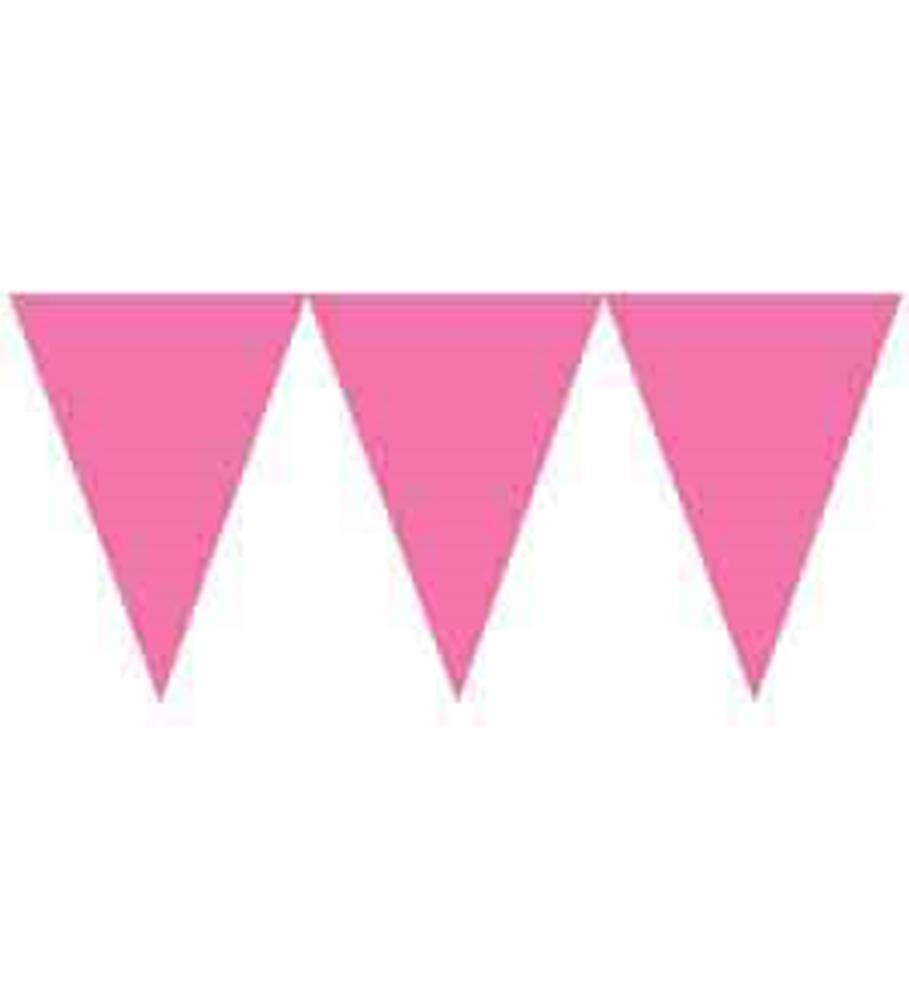 Bright pink triangular pennant paper banner with three flags on a white background.