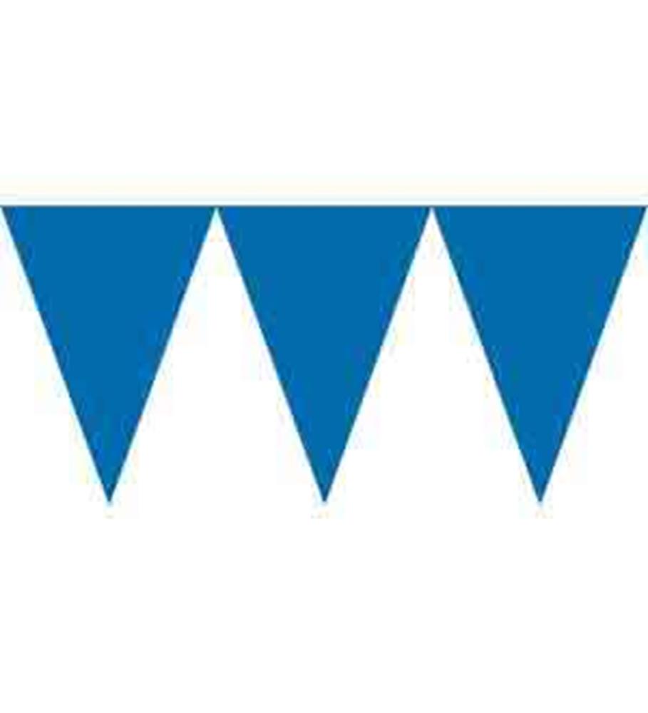 Bright royal blue paper pennant banner with triangular flags hanging on white string.