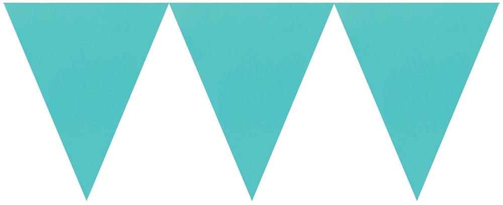 Robins egg blue triangular paper pennant banner with three flags on white string.