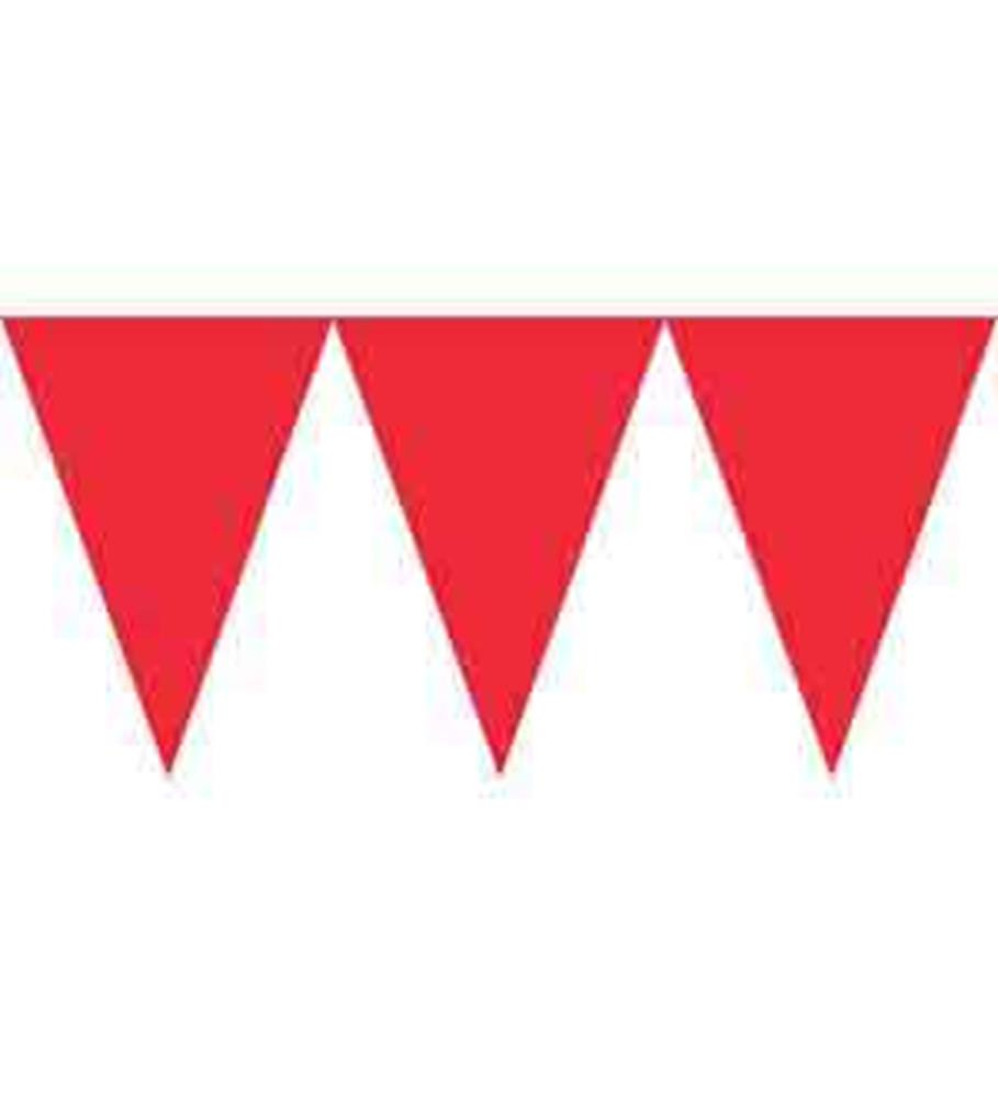 Apple red triangular pennant paper banner flags strung on white string.