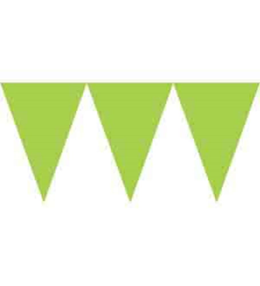 Green triangular pennant paper banner with three flags on a string.