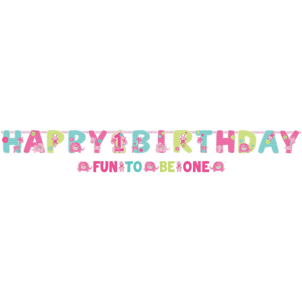 Colorful "Happy Birthday" letter banner with bright pink, yellow, orange, and green letters decorated with floral and leaf.