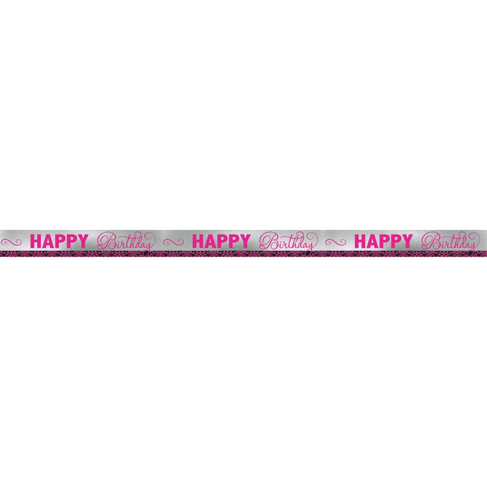 25ft black banner with pink "Happy Birthday" text and heart accents.