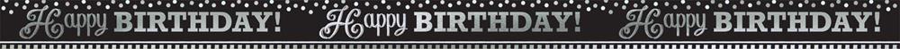 Black and white 25ft banner with "Happy Birthday" text alternating in stylish fonts.