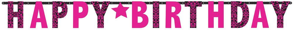 Black and pink giant banner letters spelling Happy Birthday with star accents.