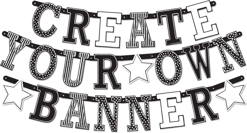 Black and white customizable banner with bold patterned letters and star accents.