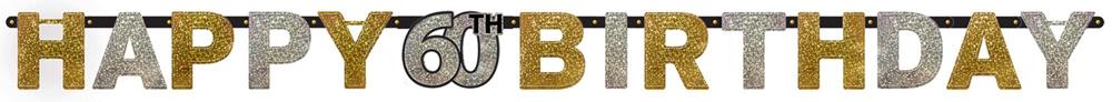 Gold and silver metallic "Happy 60 Birthday" letter banner with glitter accents.