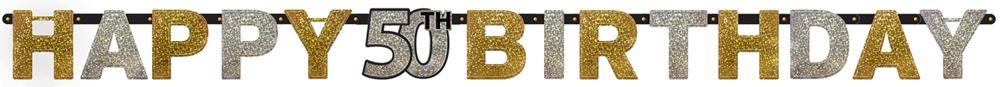 Gold and silver glittery "Happy 50 Birthday" letter banner with star accents.