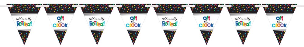 Black triangular pennant banner with multicolored "Officially Retired" text and celebratory icons.