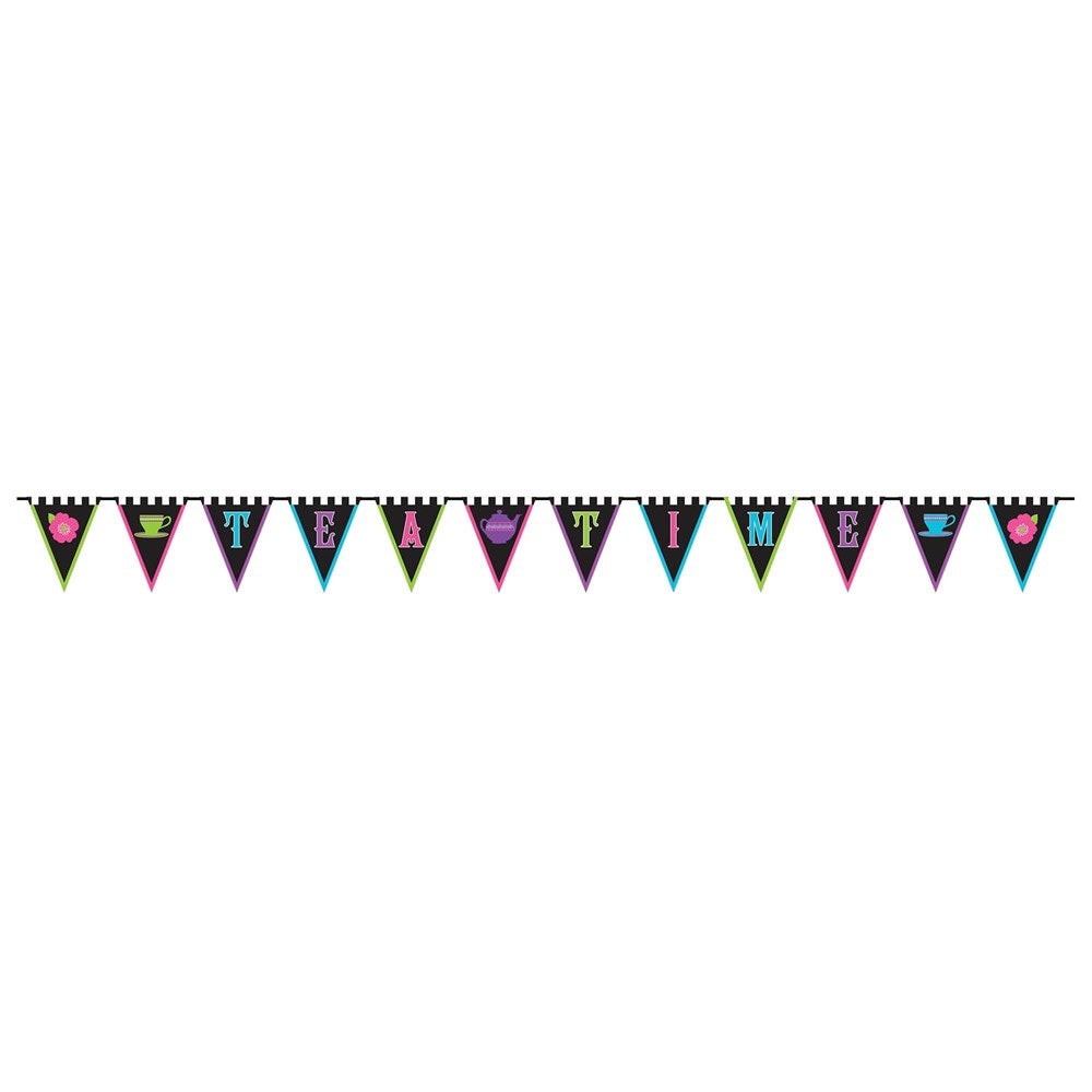 Colorful triangular pennant banner with alternating floral and teacup patterns on black and pastel backgrounds, connected by
