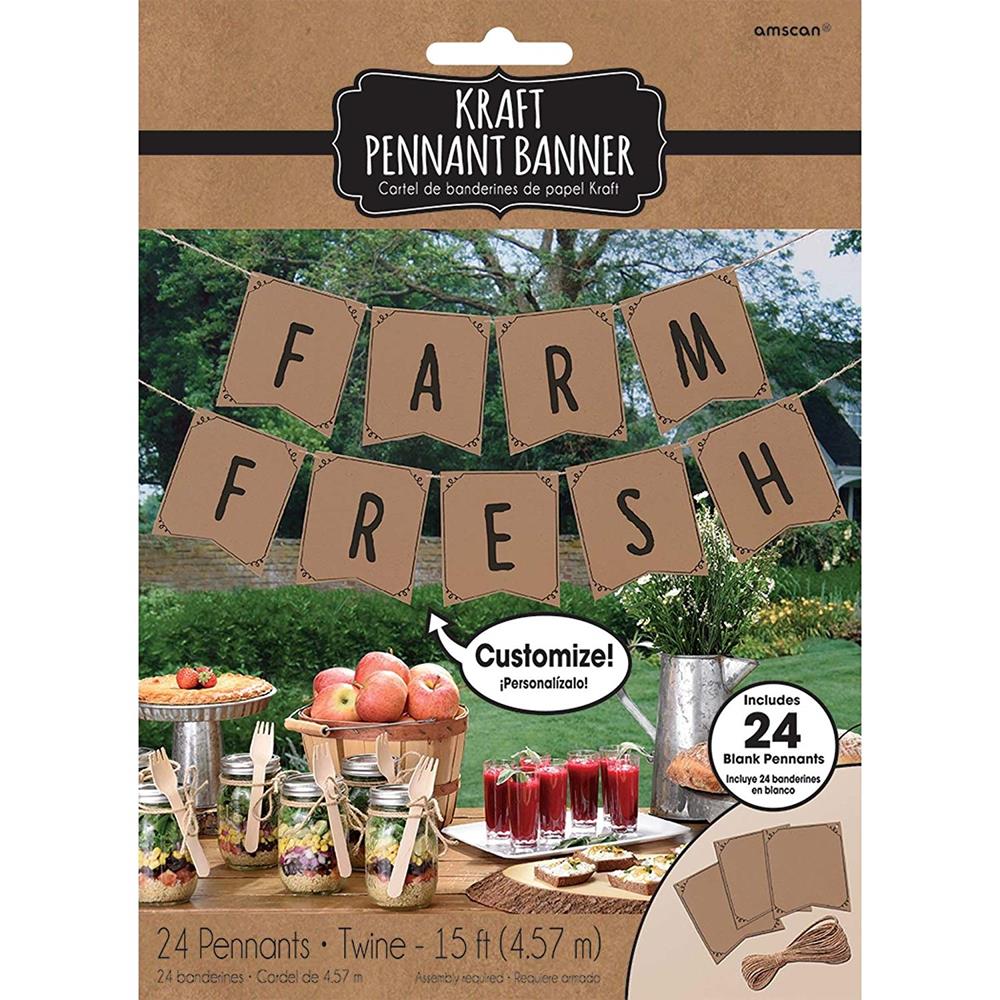 Brown kraft paper pennant banner with black letters spelling "FARM FRESH," includes twine for hanging.