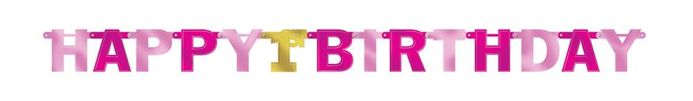 Gold and pink glittery letter banner spelling "HAPPY 1ST BIRTHDAY" for girls' party decoration.