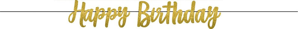 Gold glittery cursive "Happy Birthday" letter banner with attached string for hanging.