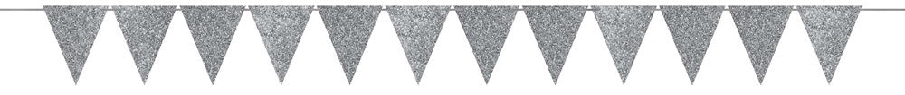Large silver glitter paper pennant banner with triangular flags on string.