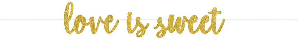 Gold glitter cursive "love is sweet" banner with connected letters for hanging decoration.