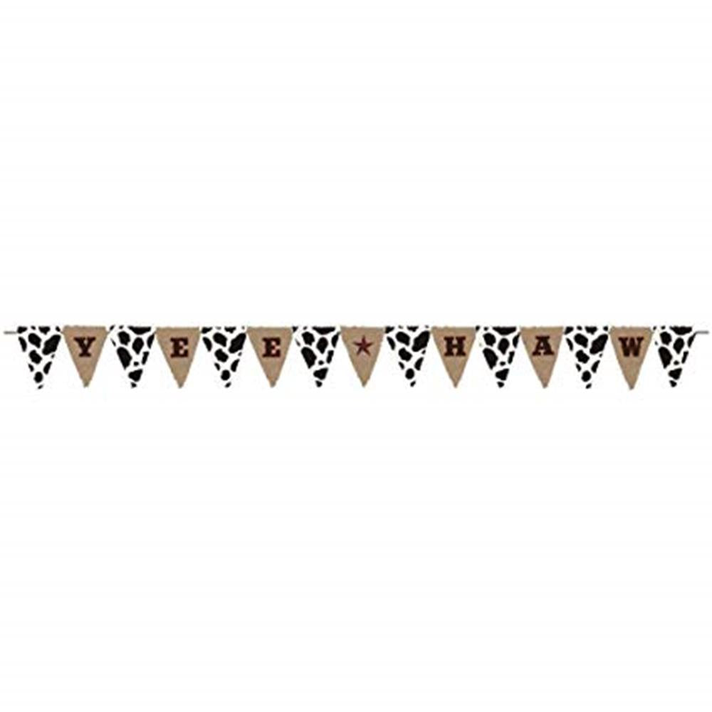 Burlap triangular pennant banner with black animal print letters spelling "YEEHAW" alternating with cow print flags.