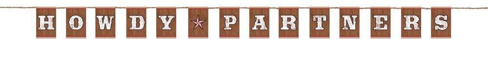 Western-style letter banner with brown square panels and white bold letters, spelling "HOWDY PARTNERS".
