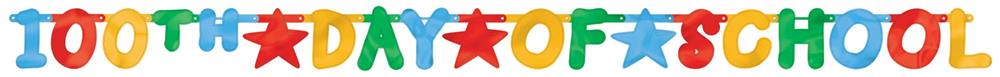 Colorful paper banner with large numbers and letters spelling "100th Day of School" decorated with stars.