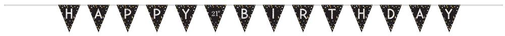 Black triangular pennant banner with white letters spelling "Happy Birthday" and star accents on each flag.