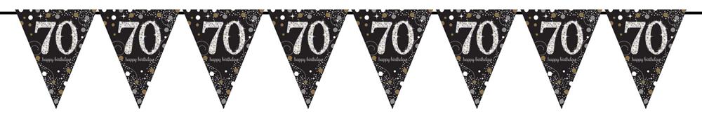 Black pennant banner with sparkling gold and white "70" numbers for milestone birthday celebration.