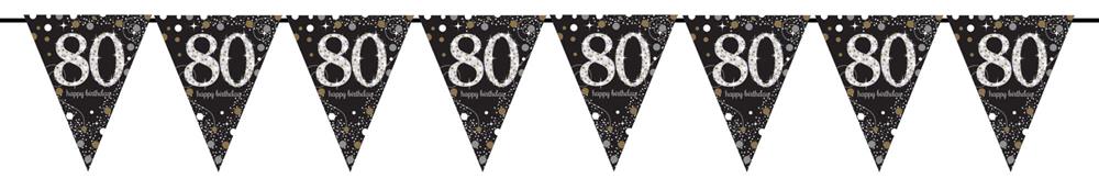 Black pennant banner with glittery silver "80" and silver dots, linked by white string.