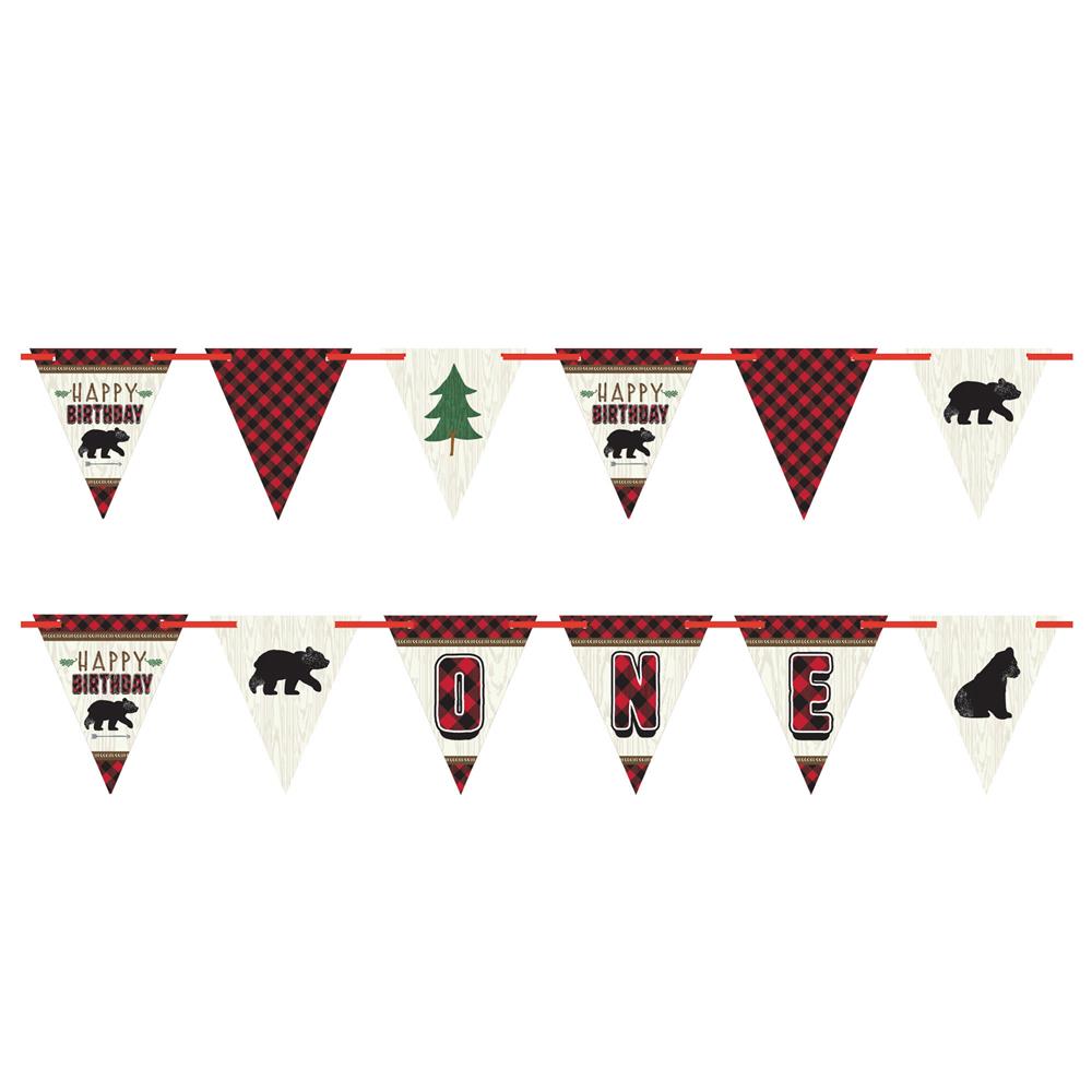 Lumberjack-themed pennant banner with red and black buffalo plaid, green pine trees, black bear silhouettes, and "HAPPY JUN"