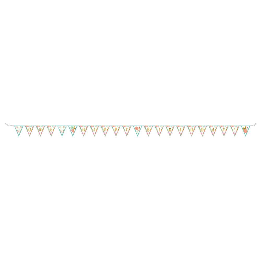 Colorful triangular pennant banner with pastel letters spelling "Birthday Girl" in playful font.