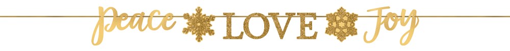 Gold foil and glitter banner spelling "Peace Love Joy" with sun and heart accents, 12ft long.