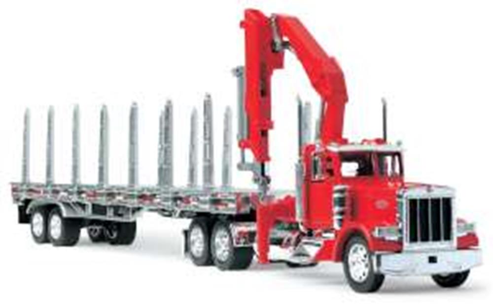 32 scale Peterbilt Model 379 log truck toy with detailed flatbed and crane arm.