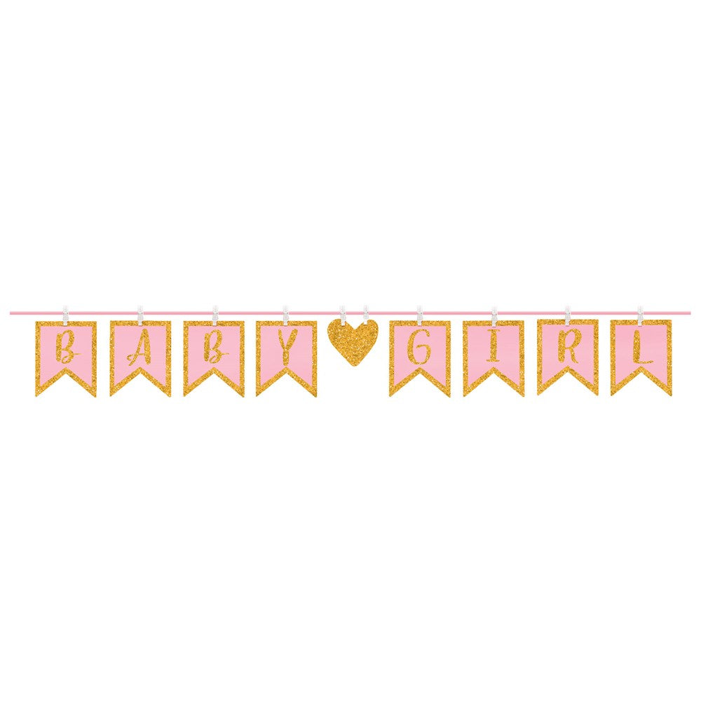 Pink clothespin banner spelling "BABY GIRL" with a gold glitter heart in the center, rectangular flags with pointed bottoms.