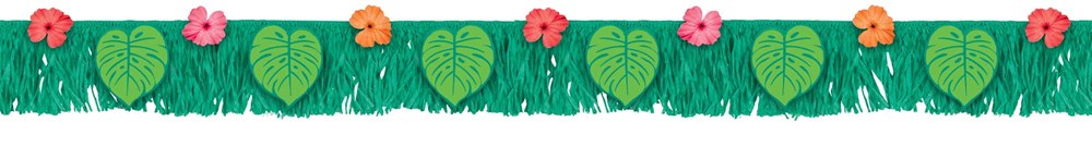 Green fringe banner with tropical leaves and colorful pink, orange, and yellow flowers for party decor.