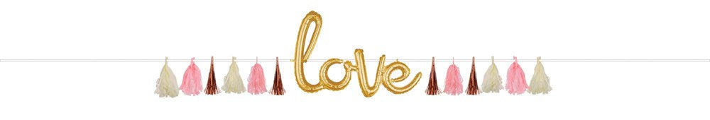 Rose gold "love" lettering with alternating light pink, ivory, and rose gold tassels on white string banner.